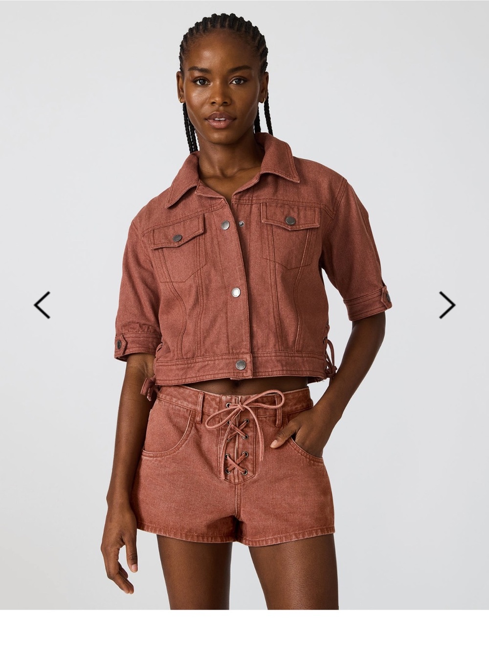 Steve Madden Cropped Rust Denim Jacket and Lace-Up Shorts Set